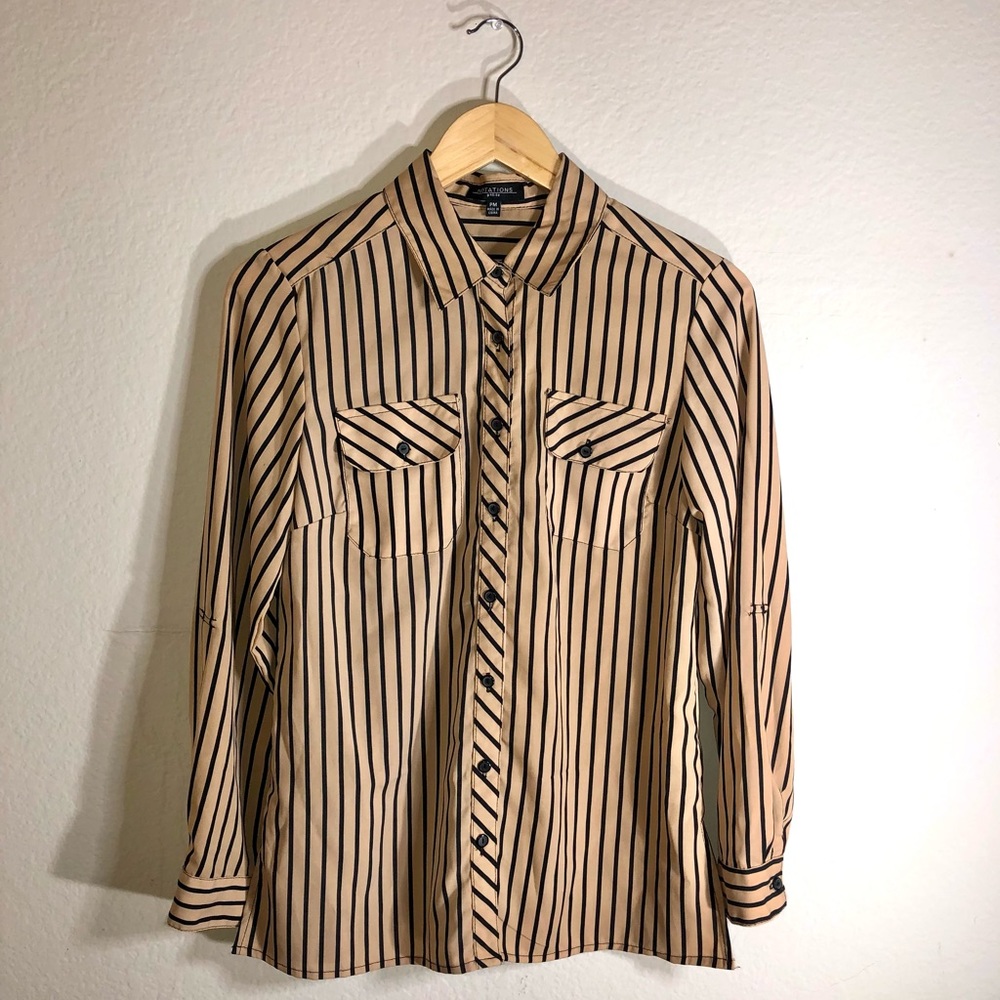 Striped Camel & Black Long Sleeve Button-Up Blouse